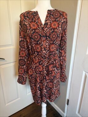 LOFT Navy & Rust geometric button floral  Floral Long Sleeve Tie-Waist Dress
